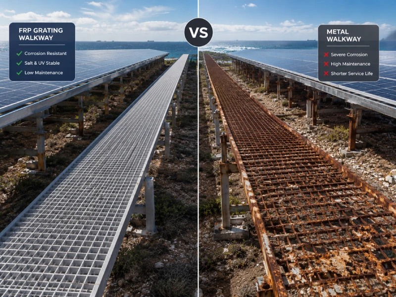 لماذا يعتبر FRP Gating أفضل مادة لممرات التشغيل والصيانة الكهروضوئية (FRP Solar Gating vs Metal)